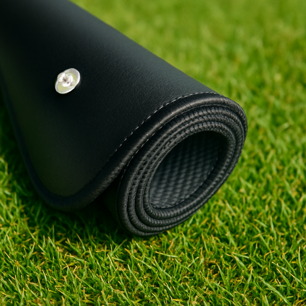 Rolled black grounding mat showing the inner texture and connection stud on a green grass background.
