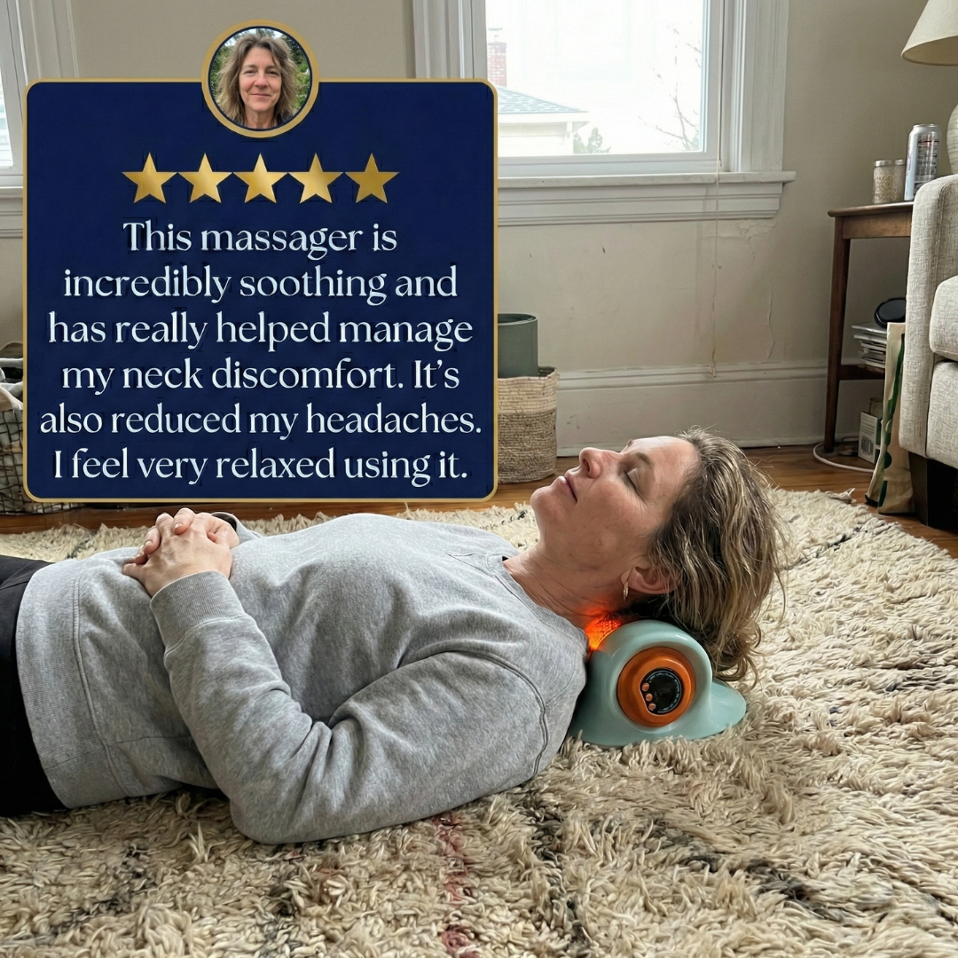 A woman lying on a rug using a blue neck massager with an integrated five-star customer testimonial overlay.