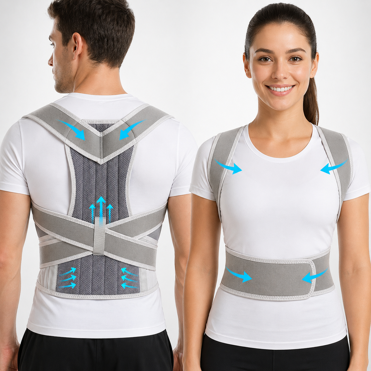 male and female wearing the posture max posture corrector in the studio shot
