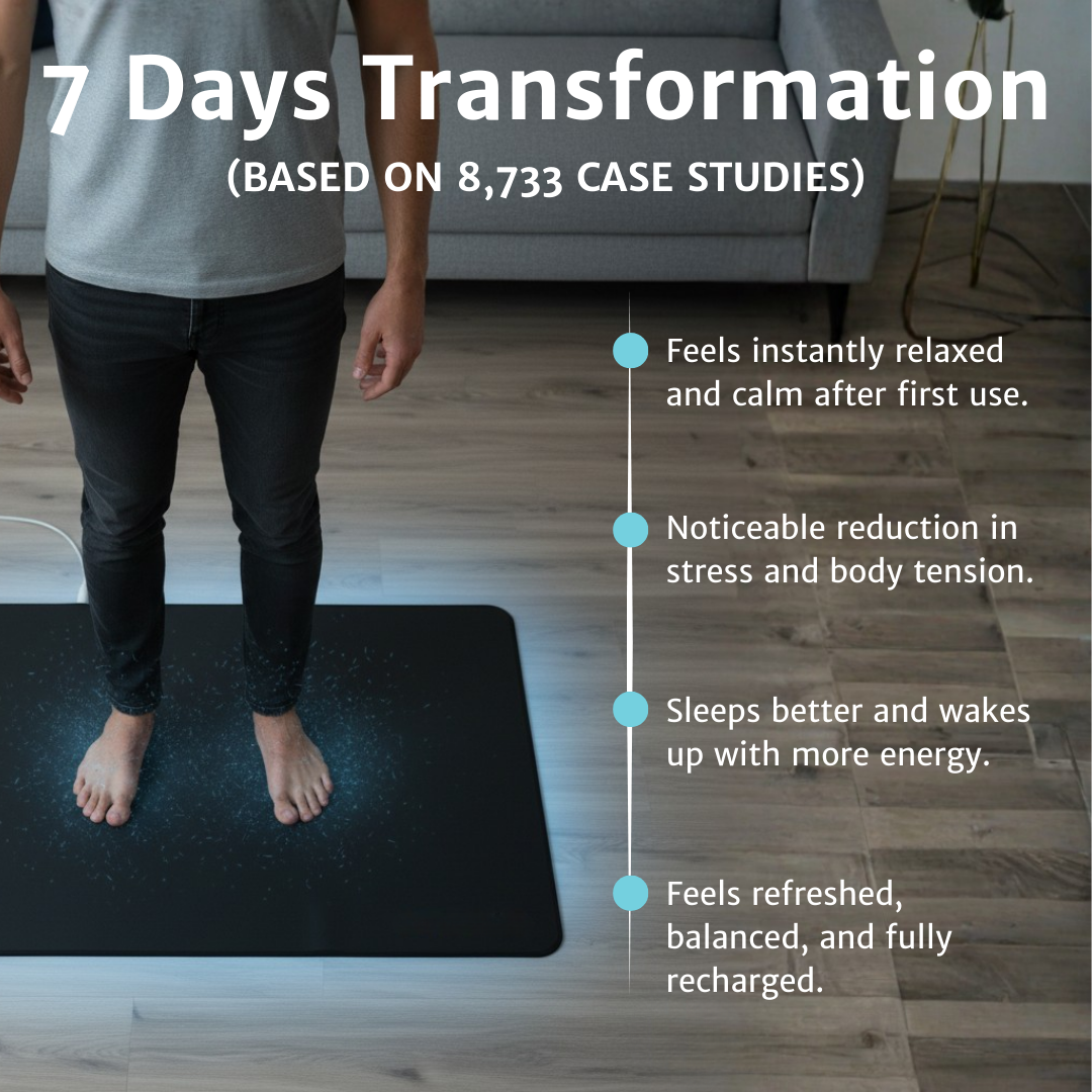Woman standing barefoot on a grounding mat at a wooden desk with a medical overlay showing visual relief points.