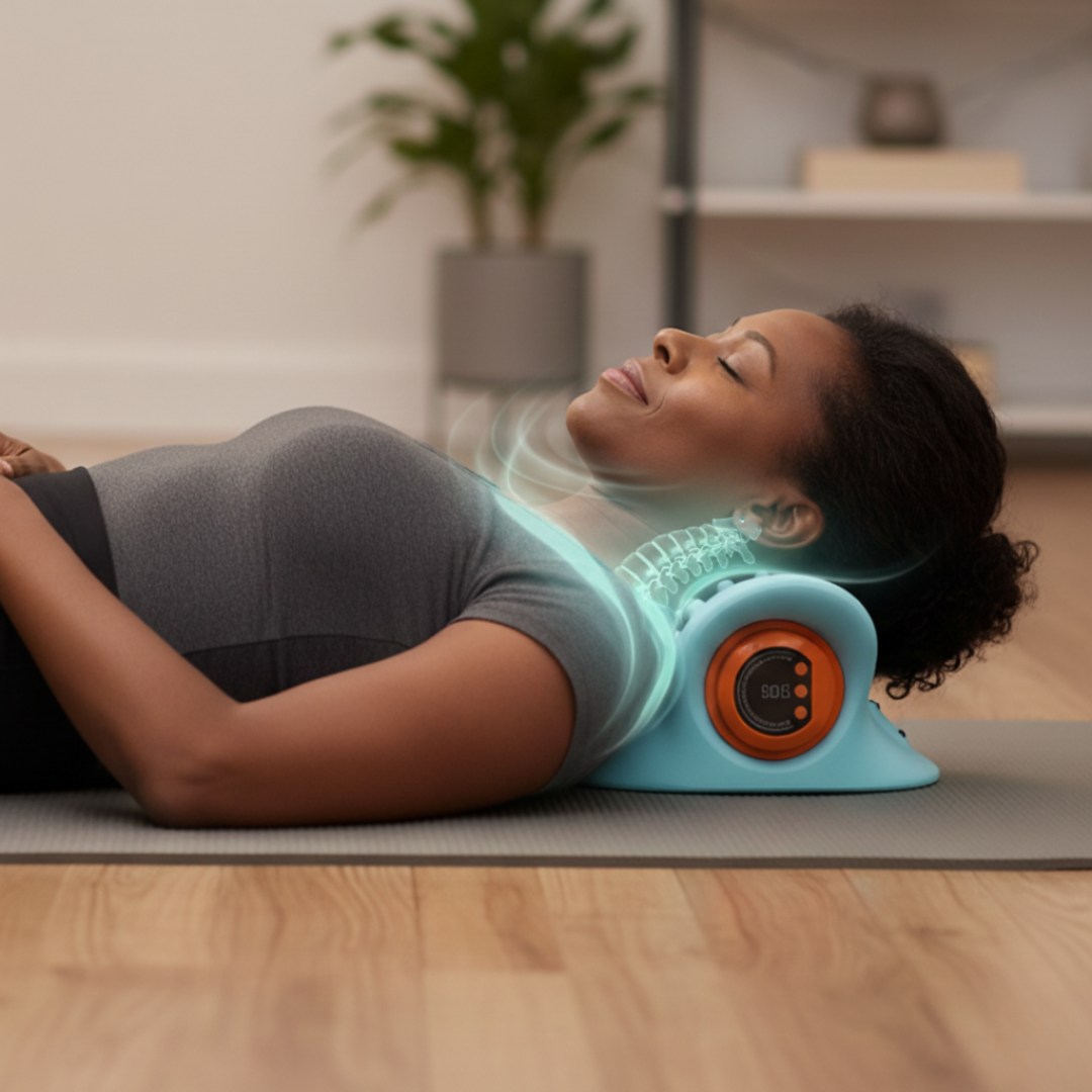 Cervical Massager being used by a woman on a flat surface.