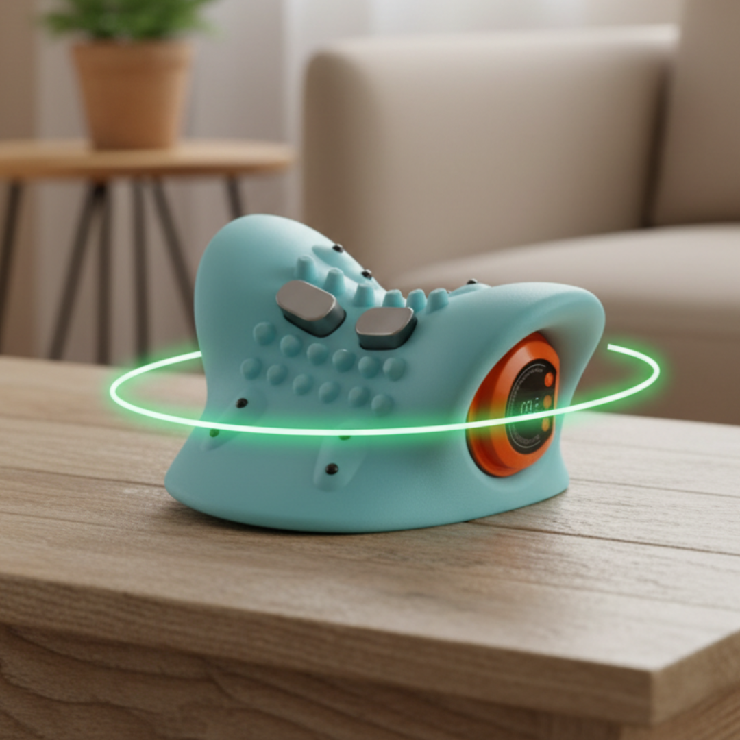 Cervical_Massager on a wooden surface, blurred indoor background