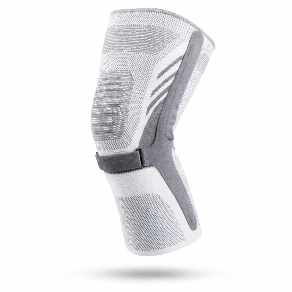 FlexKnee knee sleeve in a grey and white knitted design shown on a plain background.