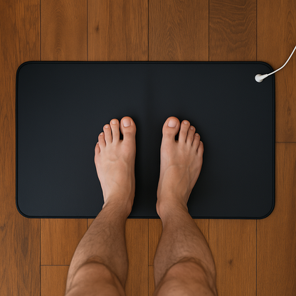 Bare feet standing on a black grounding mat placed on a wooden floor with a connected white grounding cord.