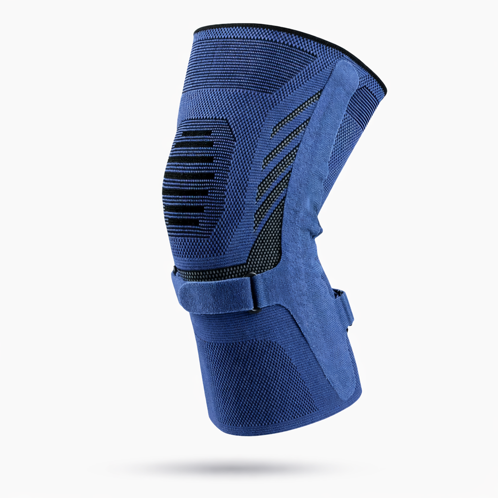 FlexKnee knee compression sleeve in a blue knitted fabric shown from a side angle on a plain background.