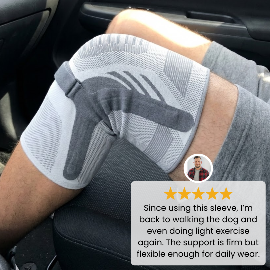 A knee sleeve worn by a person sitting in a car with a customer testimonial and star rating overlay.