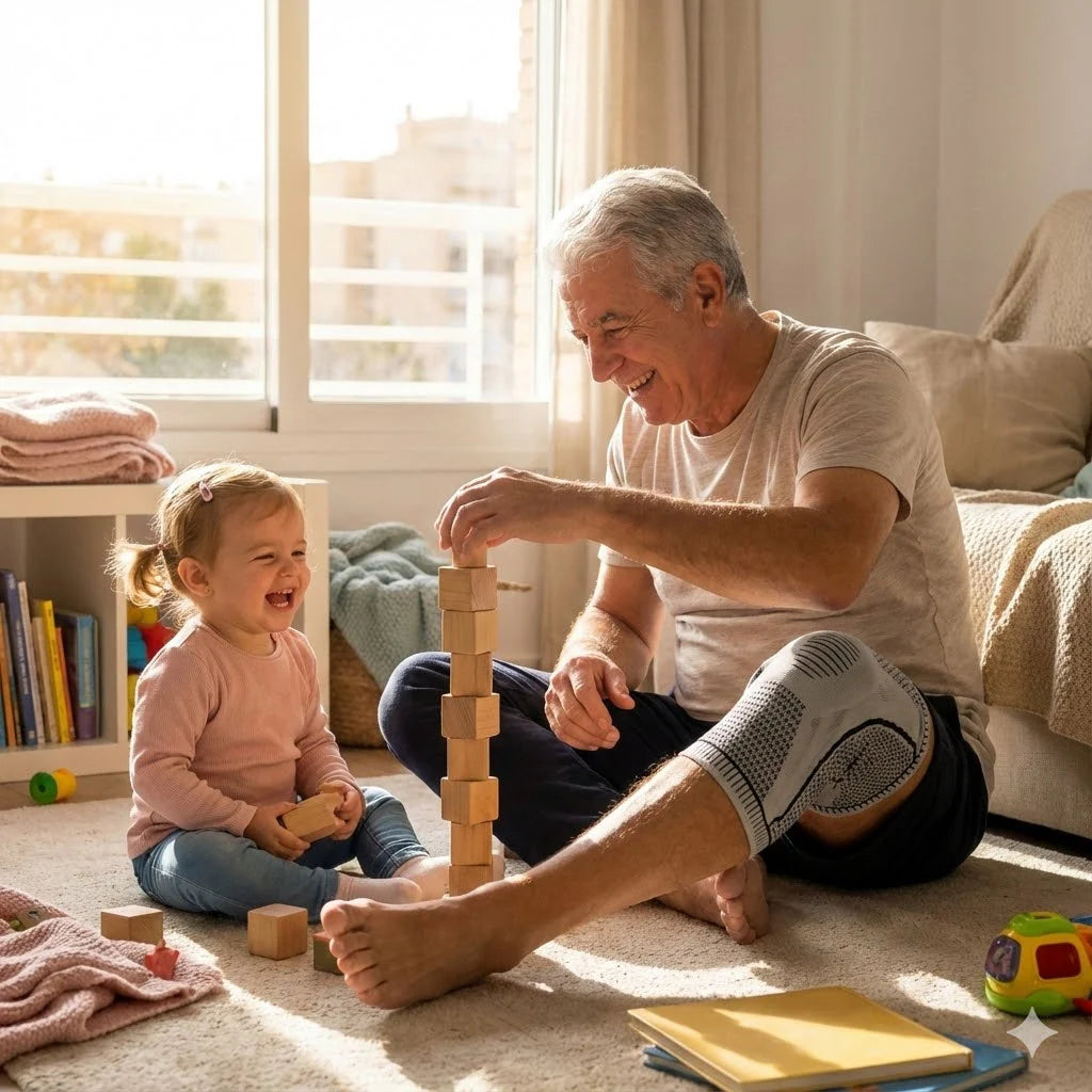 Grandfather and granddaughter playing with wooden blocks in a cozy living room.
