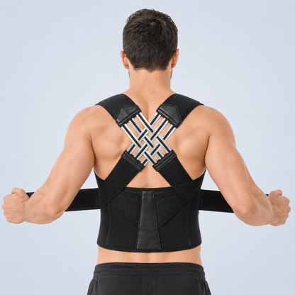 Person wearing a black posture corrector against a light gray background