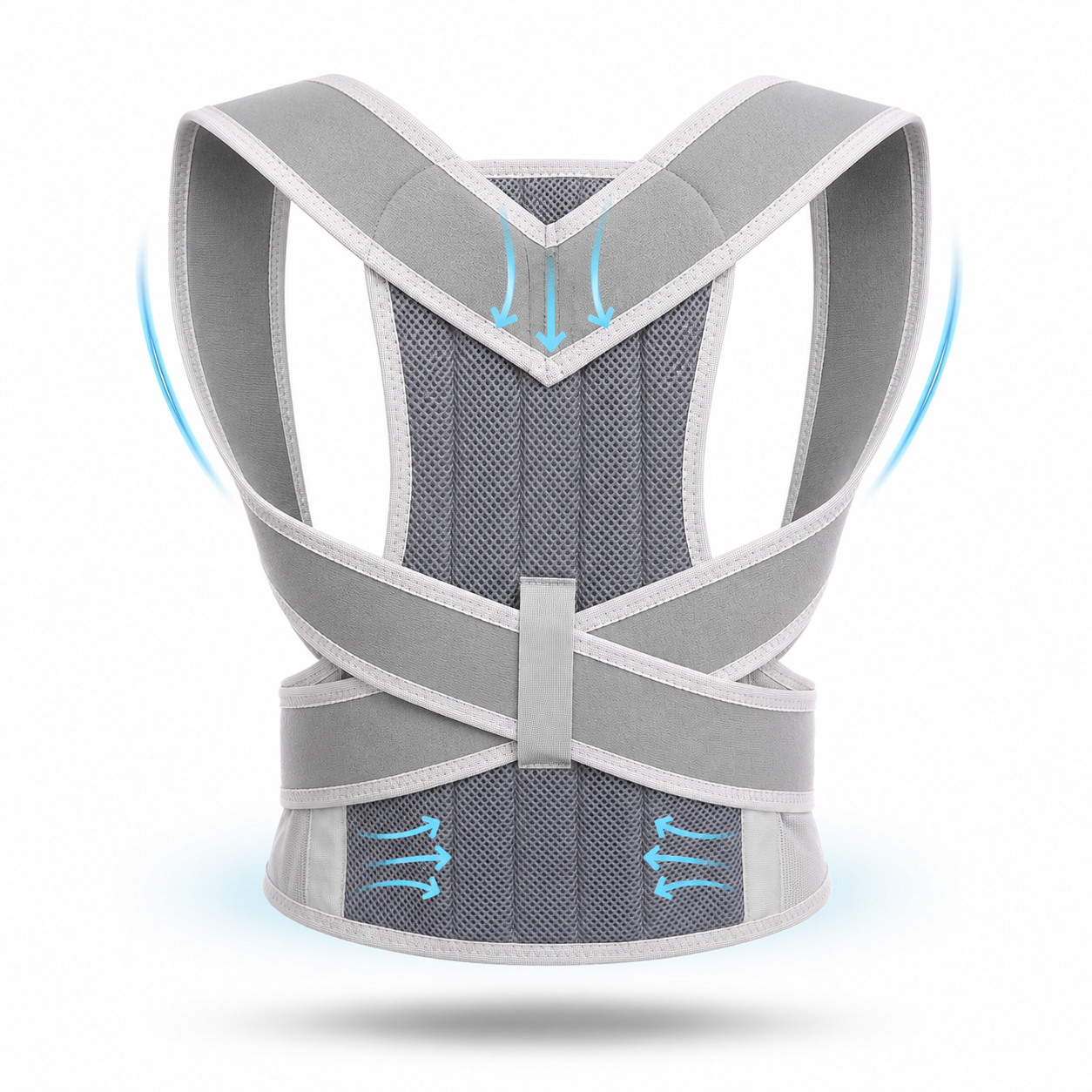 PostureMax posture corrector back brace shown from the back in grey, with padded shoulder straps, breathable mesh panel with support stays, criss-cross straps, and adjustable lumbar support belt