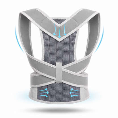 PostureMax posture corrector back brace shown from the back in grey, with padded shoulder straps, breathable mesh panel with support stays, criss-cross straps, and adjustable lumbar support belt