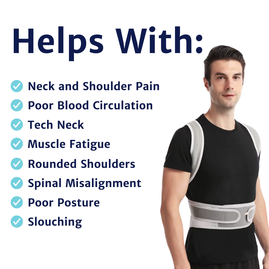 Posture corrector worn by a man shown from the front angle next to a list of targeted physical conditions.