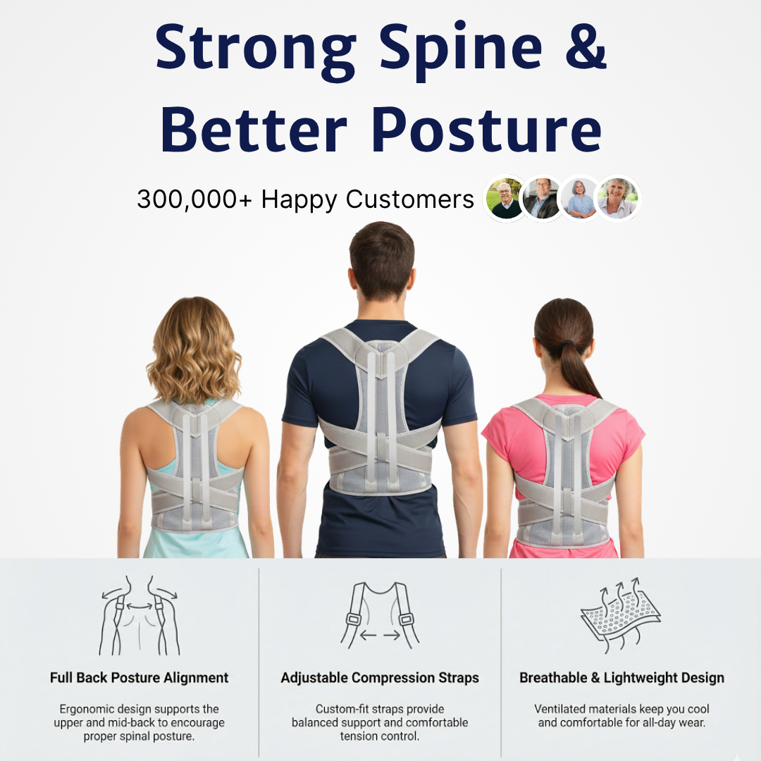 Posture corrector worn by a man and two women from behind, shown above diagrams of the adjustable straps and fabric.