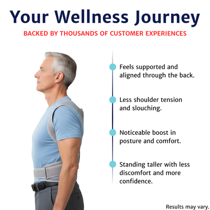 Posture corrector worn by a man in a side profile view, displayed next to a list of structural alignment observations.