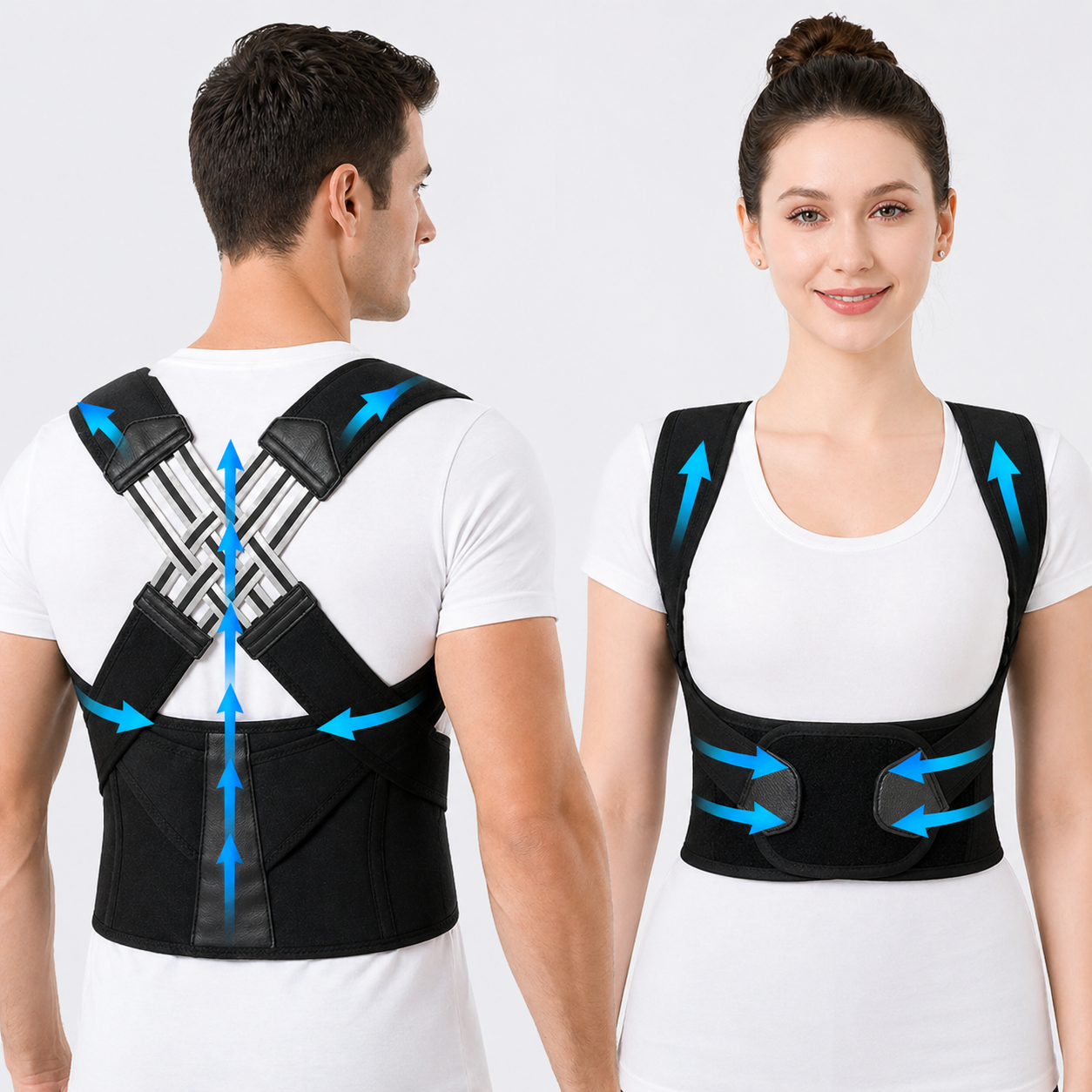 Two people wearing black posture correctors with blue arrows on a white background