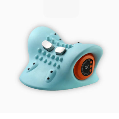 A baby blue cervical neck massager device with dual nodes and side controls shown against a white background.