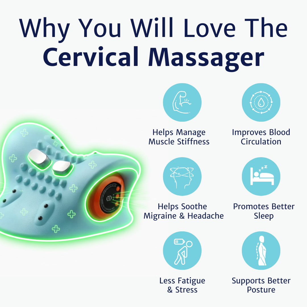 A cervical massager graphic showing visual icons for muscle stiffness, circulation, sleep, and posture support.