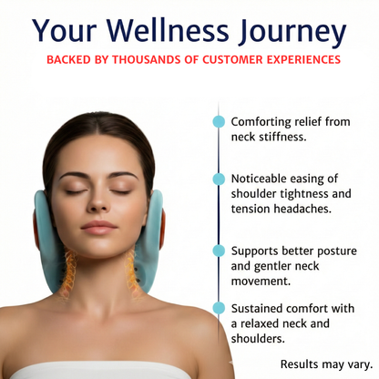 A woman resting her neck on a blue massager with a graphic overlay showing the cervical spine and wellness benefits.