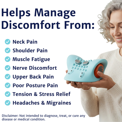A smiling woman holding a blue neck massager next to a list of focus areas like shoulder and upper back.
