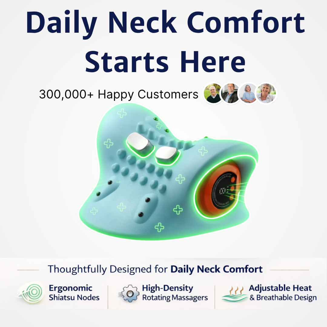 An infographic of a blue neck massager highlighting ergonomic shiatsu nodes, rotating massagers, and adjustable heat.