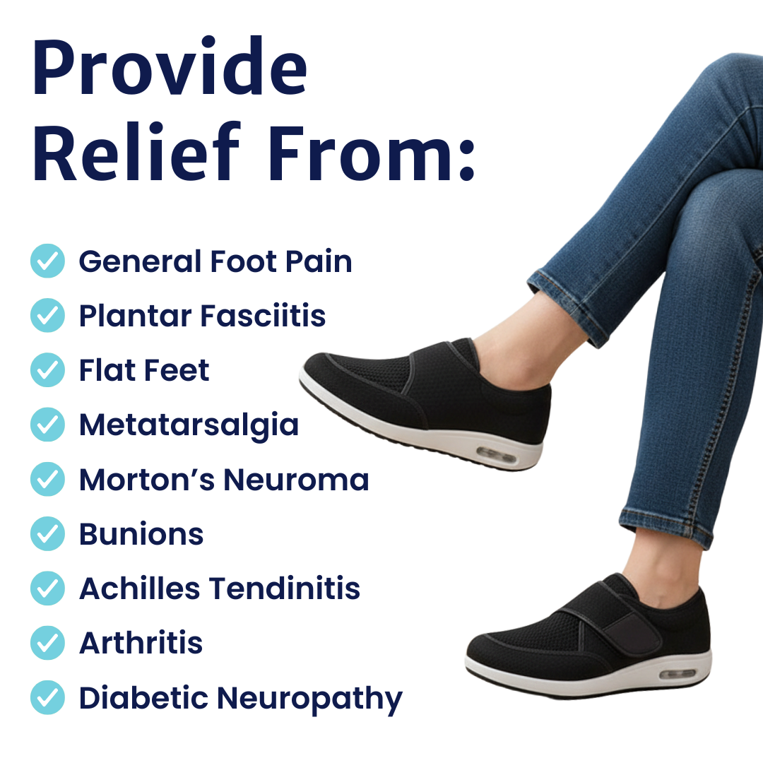 Black orthopedic shoes worn by a person in jeans beside a text list of foot conditions like plantar fasciitis.