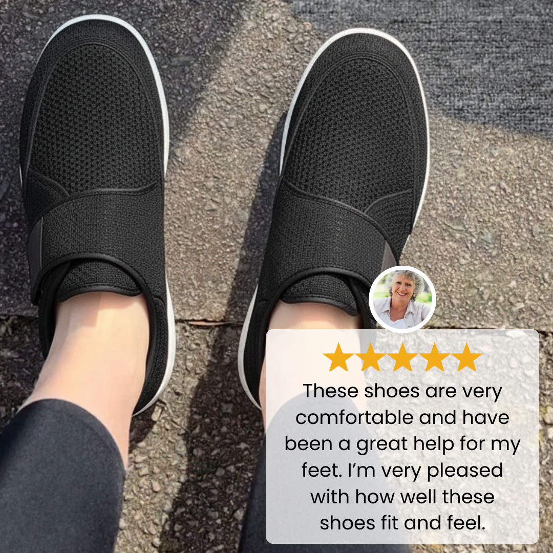 Orthopedic shoes worn on feet standing on pavement, overlaid with a five-star customer review and portrait.