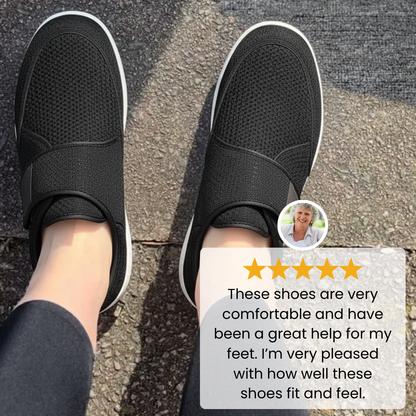 Orthopedic shoes worn on feet standing on pavement, overlaid with a five-star customer review and portrait.