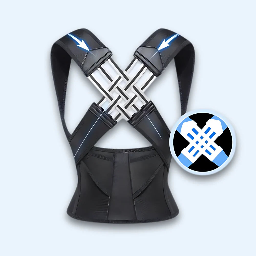 posture corrector featuring an x-shaped strap design with blue arrows indicating tension and a circular technical overlay